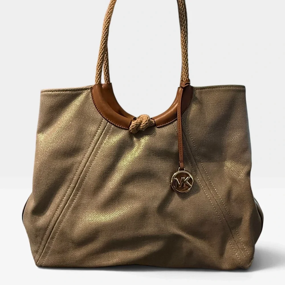 Michael Kors Metallic Canvas Tote Bag Tan Gold Braided Rope Handle Large